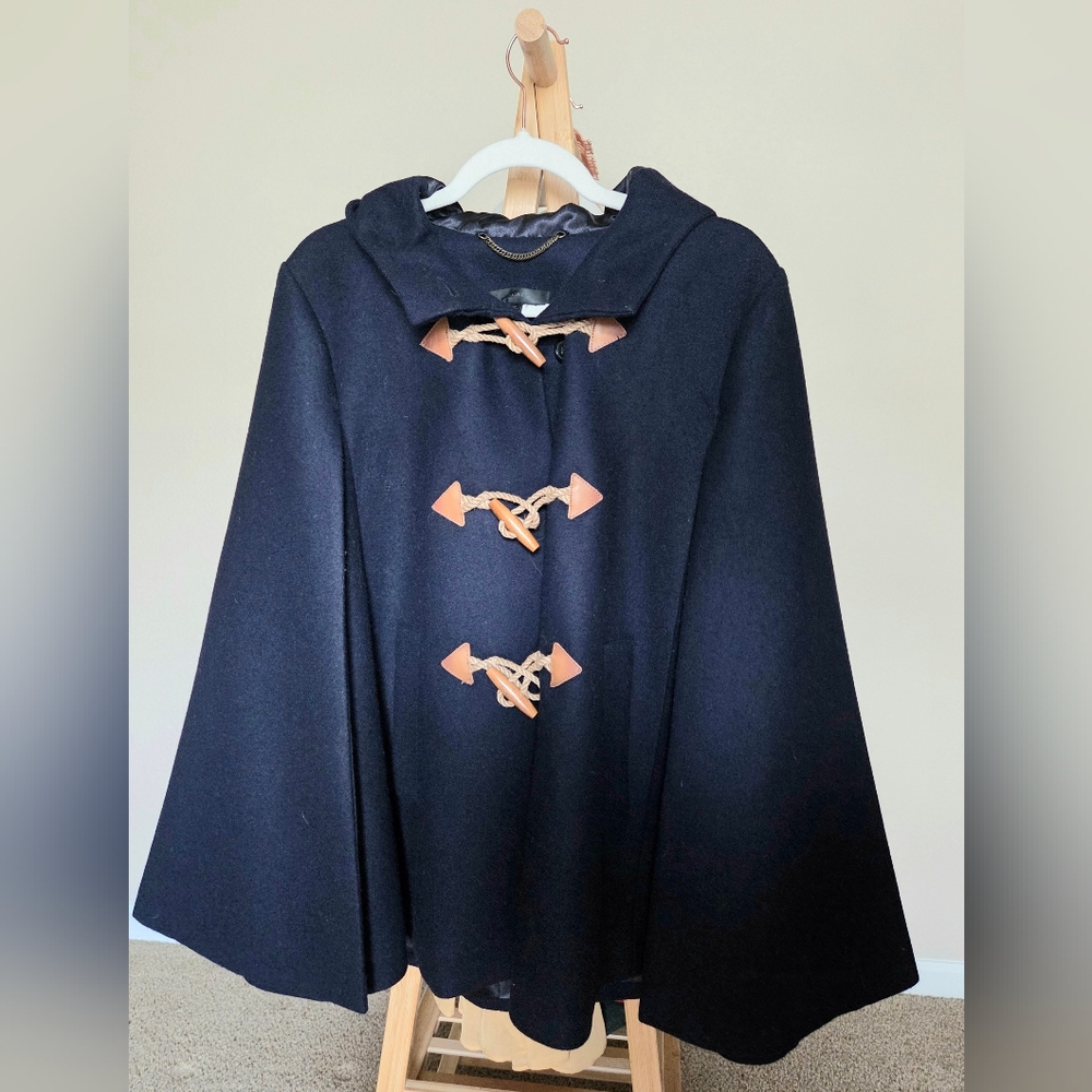 Navy Hooded J. Crew Cape Coat with Toggle Closures